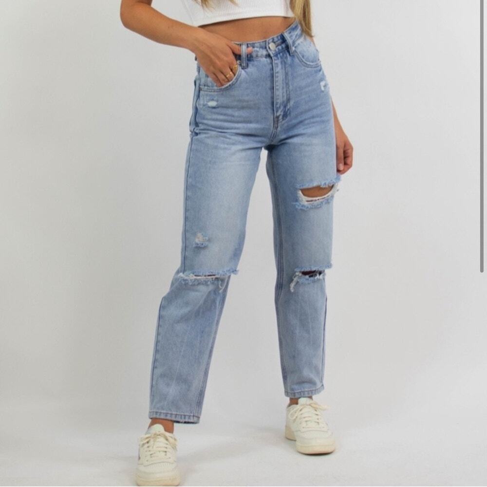 Grey Bandit Ride Along Distressed Lightwash Mom Jeans Size Women's 28